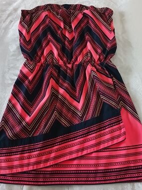 Express Strapless Chevron Dress in Coral and Navy Blue
